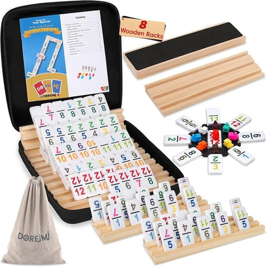 Doreimi Mexican Train Dominoes Set Numbers and 8 Wooden Holders, Double 12 Travel Domino Train Game with 91 Colored Tiles and Protable Case, Number Domino Set for Kids, Adults Family Board Team Games