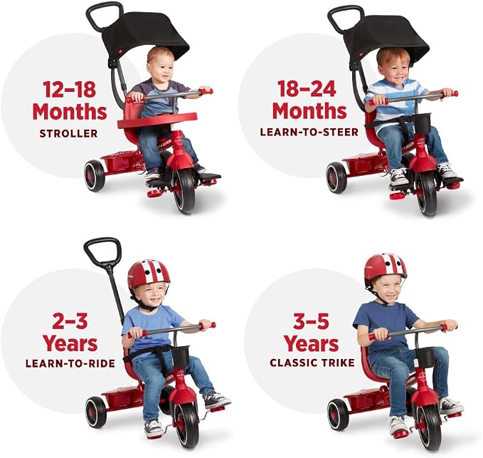 Radio Flyer 4-in-1 Stroll 'N Trike, Ages 1-5, Toddler Tricycle & Stroller, Foam Tires, Push Handle, UV Canopy, Removable Tray & Seatbelt, Amazon Exclusive