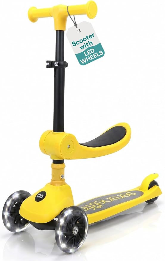 SereneLife 3 Wheel Scooter for Toddlers & Kids, Foldable Seat, LED Wheels, Adjustable Handlebar, Anti-Slip Deck, Rear Foot Brake, Lean-to-Steer, Kid Scooter Ages 18M–7Y, Supports up to 110 lbs, Yellow