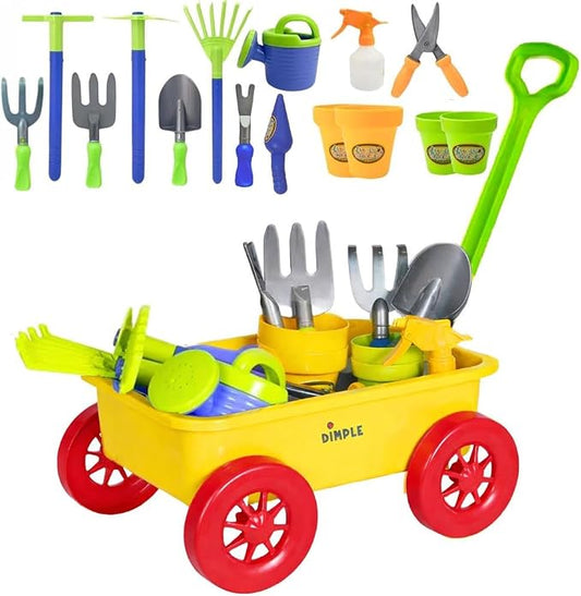 Dimple Kids Garden Wagon and Tool Set 15 Piece Toddler Gardening Playset with Plastic Garden Tools and Wagon Outdoor Play Toys for Yard Beach Sandbox Kids Gardening Kit for Boys and Girls Pretend Play
