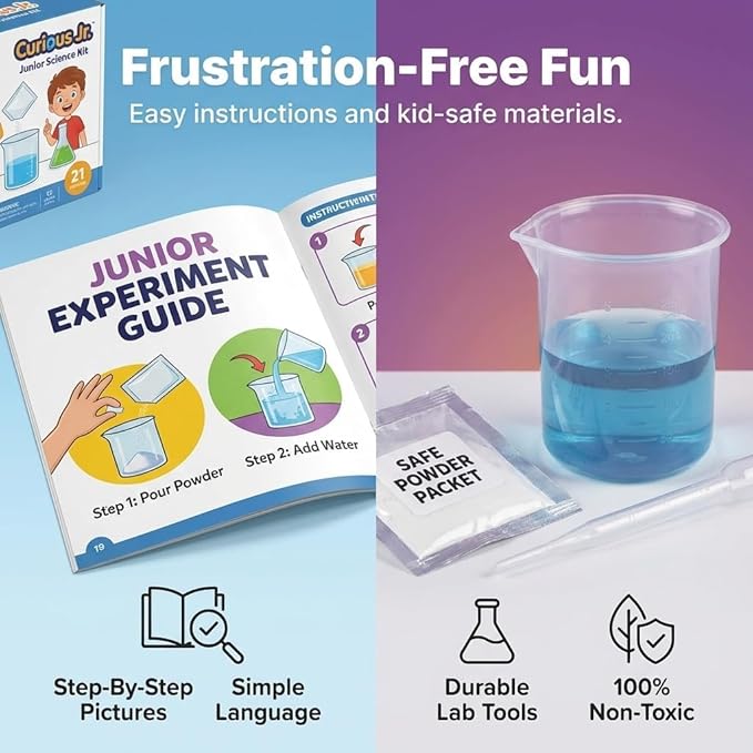 Junior Science Kit for Kids Ages 4-8, 50+ STEM Experiment Kit with Color Mixing, Fizzy Reactions & Surprise Activity, Educational DIY Science Toy, Learning Gift for Boys & Girls