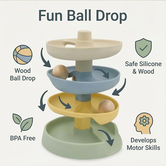 Little Rawr Silicone Ball Drop Tower Toy for Toddlers, 4-Tier Rolling Ramp Track with Wooden Balls, Soft Food-Grade Silicone Montessori Toy for Early Learning, Fine Motor Skill Development, Ages 1–3