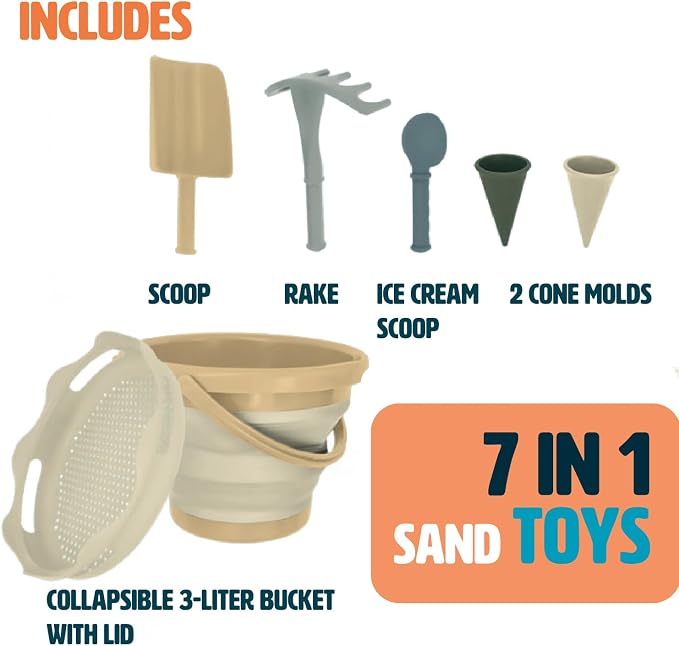 7-in-1 Compact Beach Toy Set – Space-Saving Sand Toy Play Kit for Kids-Beige
