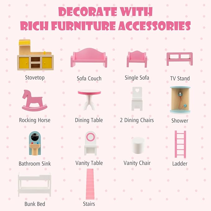 HONEY JOY Pink Doll House, Wooden Kids Dollhouse with Balcony & Stairs, 15 Pieces Accessories & Furniture Included, Large 3-Story Easy to Assemble Doll House Toy, Gift for Toddler Boys Girls, Pink