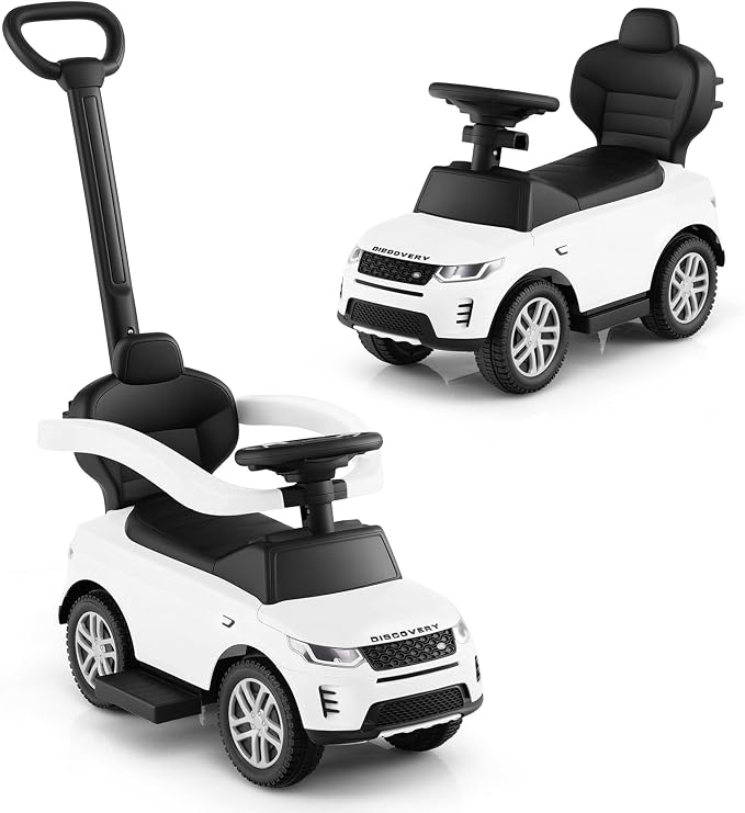 Licensed Push Car for Toddlers by INFANS, 3 in 1 Sliding Walking Car with Push Handle, Horn, Music, Underneath Storage, Foot-to-Floor Ride on Toys for Boys Girls (White)