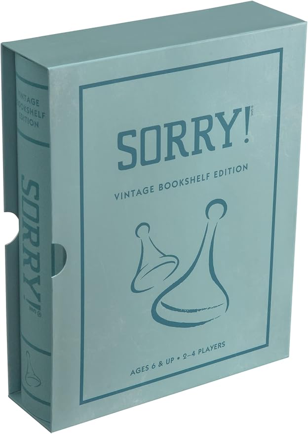 Sorry! Vintage Bookshelf Edition by WS Game Company - Classic Board Game in Linen-Wrapped Book Case with Retro 1958 Design, Wooden Pawns, and Full-Size Folding Game Board, for 2-4 Players, Ages 6+