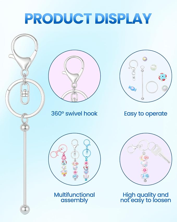 RQAYE 30pcs Beadable Keychains Keychain Bulk kit Cute Blank Bead Keychain Strip DIY Men's and Women's Making Supplies Crafts, Jewelry, Bag Accessories, Customized Project Gifts (Multicolor)