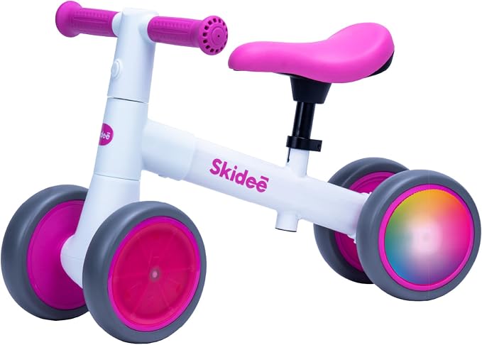 SKIDEE Toddler Balance Bike 1-3, 4-Wheel Balance Bike with Rare Light-Motion-Activated LED Wheels, Adjustable Height & Child Safe Steering, Lightweight Ride-On Toy Training Bike for Boys & Girls