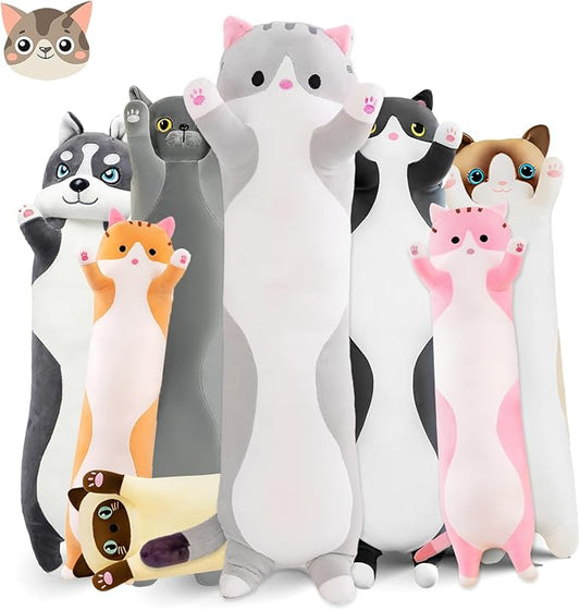 Long Cat Plush Pillow, 27.6in Cute Cat Plushie Stuffed Animals Body Pillow, Grey Kawaii Kitten Soft Plushie Doll Toy Birthday Gift for Children Girlfriend