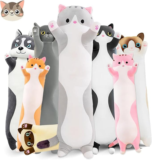 Long Cat Plush Pillow, 43.3in Cute Cat Plushie Stuffed Animals Body Pillow, Grey Kawaii Kitten Soft Plushie Doll Toy Birthday Gift for Children Girlfriend