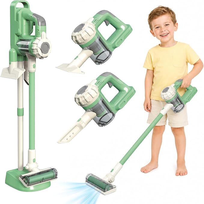 3-in-1 Kids Vacuum that Really Works - Toddler Vacuum Cleaner with Real Suction, Pretend Play Housekeeping & Cleaning Toy Set for Kids Ages 3+ (Green)