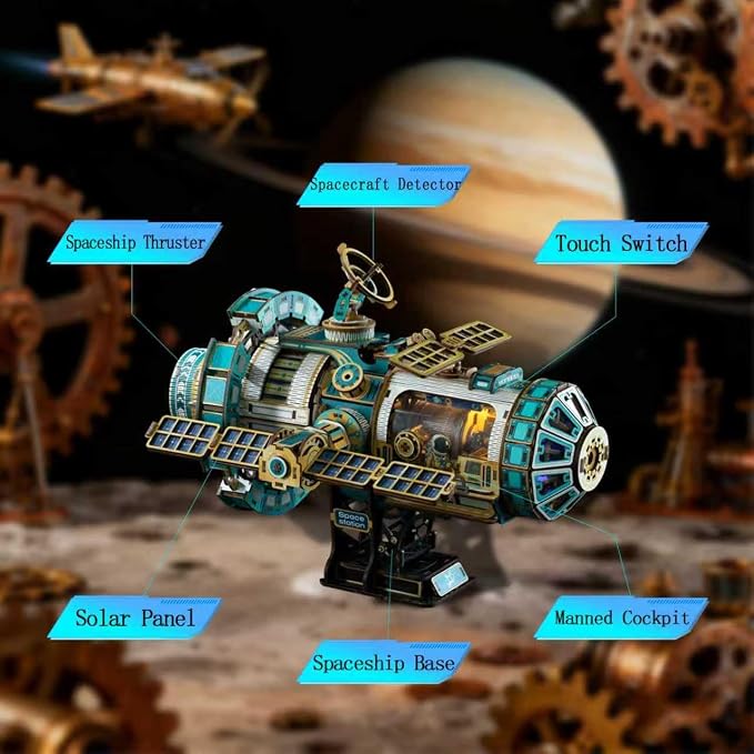 3D Wooden Puzzles for Adults - Space Station Mechanical Model Kit with Lights & Music, 511PCS Adult Wooden Puzzles, DIY Building Toy for Teen & Adults, Miniature House Kit for Birthday Father's Day