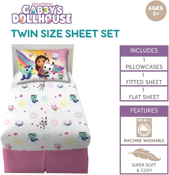 Franco DreamWorks Gabby's Dollhouse Kids Bedding Super Soft Sheet Set, 3 pcs, Twin
