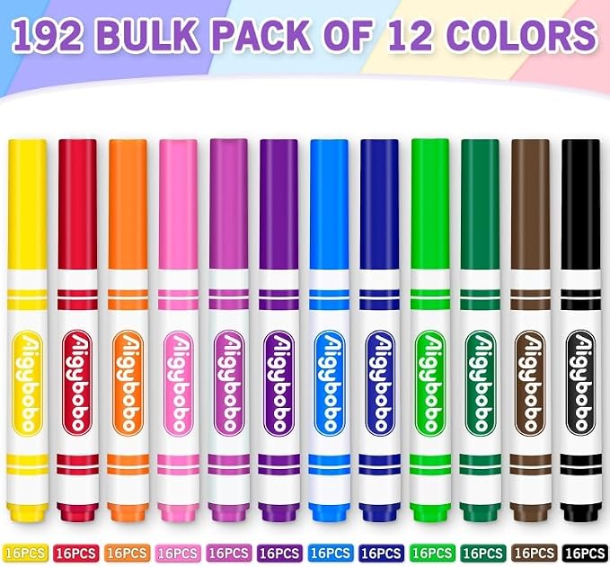 Aigybobo 192 Count Washable Markers Bulk, 12 Assorted Colors, Broad Line Conical Tip Coloring Marker for Kids, Markers Bulk Pack for Classroom, School Art Supplies & Back to School Supplies