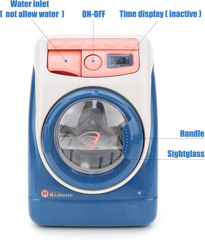 deAO Washing Machine Toy for Kids Dollhouse Furniture Pretend Play Household Appliance Realistic Sounds with Lights Laundry Play Set with Rotatable Roller for Children Birthday Present…