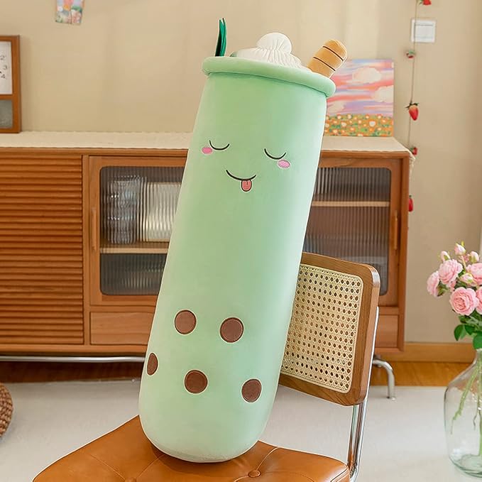 Rexinc Cute Plushies Plush Plushie Long Plush Pillow Bubble Tea Stuffed Animal Valentines Gift for Kids Adults Girlfriend (Long Green Closed Plush,43 Inch)
