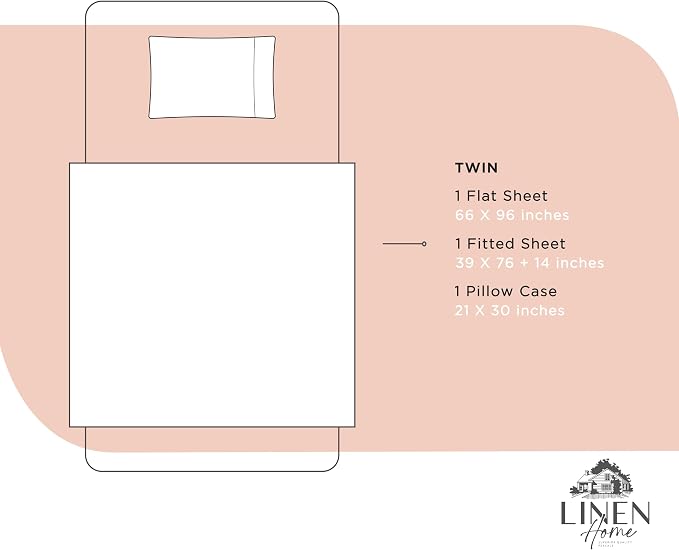 Linen Home 100% Cotton Percale Sheets Twin Size, Brushed Rose, Deep Pocket, 3 Pieces Set - 1 Flat, 1 Deep Pocket Fitted Sheet and 1 Pillowcase, Crisp Cool and Strong Bed Linen