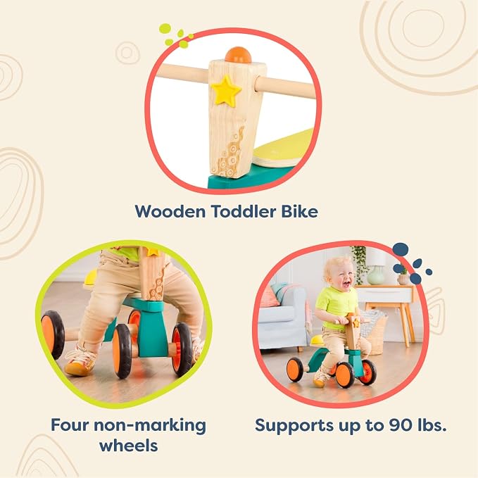 B. toys – Smooth Rider – Ride On – Wooden Toddler Bike – Balance Toys for Toddlers – Push & Ride Bike – Four Wheels – 18+ Months, Large, Multicolor