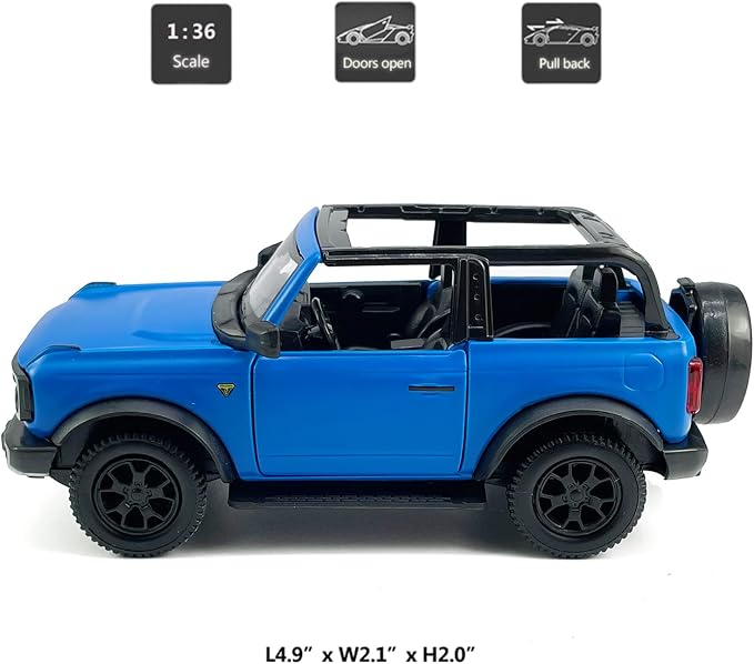 2-Door Convertible Bronco Badlands Model Car 1/36 Scale Diecast Toy Cars Metal Alloy Children’s Vehicles, Pull Back Doors Open, Mens Collection, Kids Toys for Boys Gifts, Cake Topper Home Décor, Blue