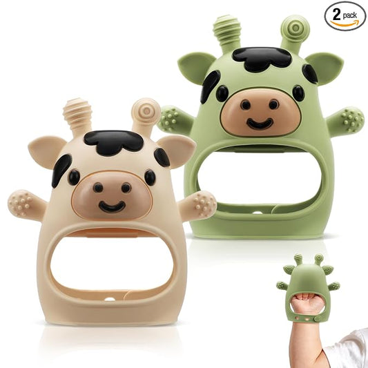 TOHIBEE 2 Packs Baby Teething Toys for 0-6 6-12 Months, Food Grade Silicone Adjustable Cow Teething Mitten, Chew Teether Toys for Teething Pain Relief, Baby and New Born Essentials, Green & Beige