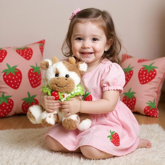 Hopearl Adorable Plush Cow Toy with Knitted Cute Strawberry Bib Floppy Dairy Cattle Soft Stuffed Animal Kawaii Gift for Boys Girls Kids Toddlers, Light Brown, 9''