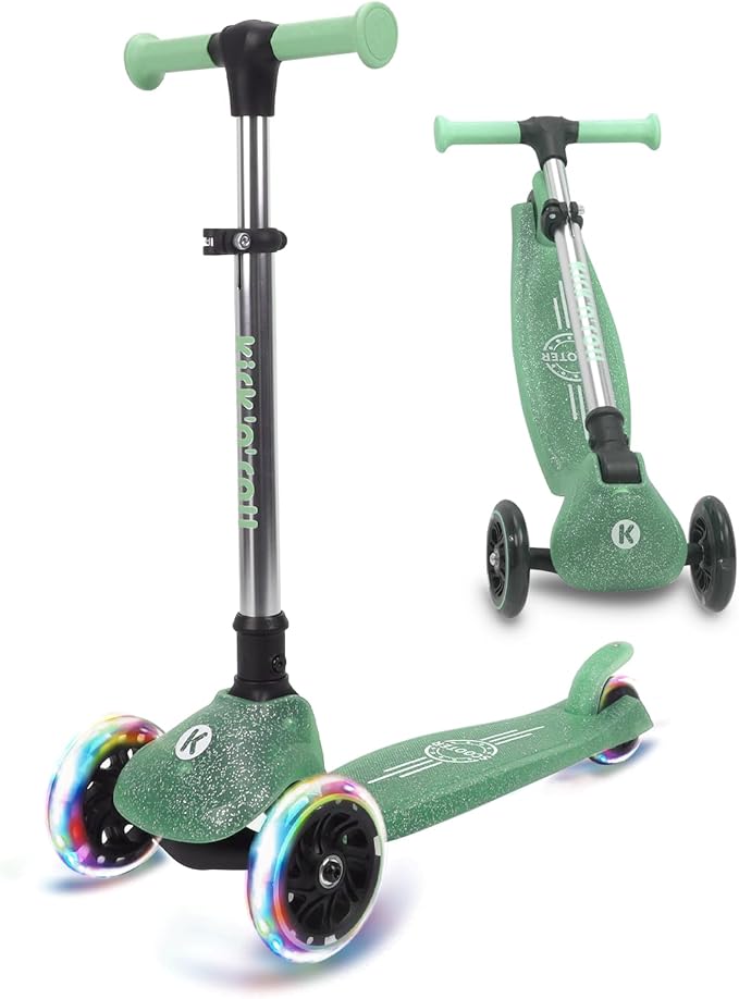 Kicknroll Kids Scooter Light Up 3 Wheel Toddler Kick Scooters with Jelly Glitter Anti-Slip Deck and LED Wheels, 4 Adjustable Heights, Foldable, Lean-to-Steer Design for Girls & Boys 3-12 Max 110 Lbs