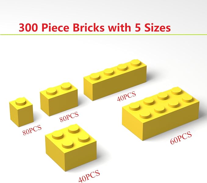 300Pcs Building Brick Bulk, Yellow Bulk Bricks with 5 Sizes, Compatible with Lego and Parts and Pieces, Creative Building Block Toys for Boys Girls Ages 6 7 8 9 10 Years Old