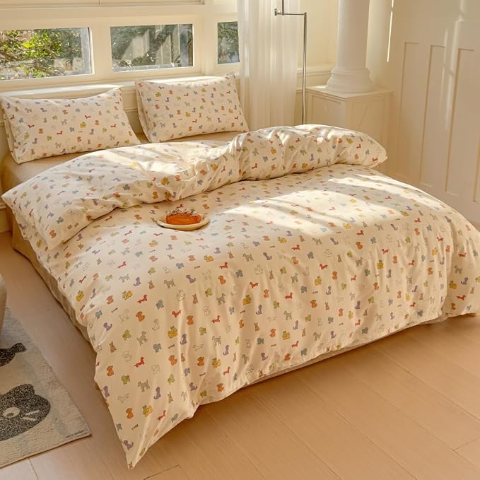LIWHENHAO Dog Duvet Cover Set Twin 100% Cotton Bedding Colorful Cartoon Puppy 1 Cute Kawaii Animal Comforter Cover Zipper Closure 2 Pillowcases for Kids Girls Boys