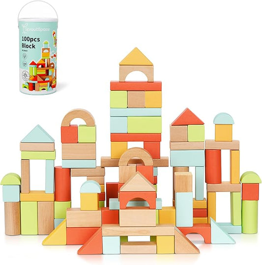 100pcs Building Blocks for Toddlers 1-3, Wooden Blocks for Kids with Storage Bucket and Shape Sorter, Stacking Toys or 1 2 3 Year Old, Learning Toys for Preschool Girls and Boys