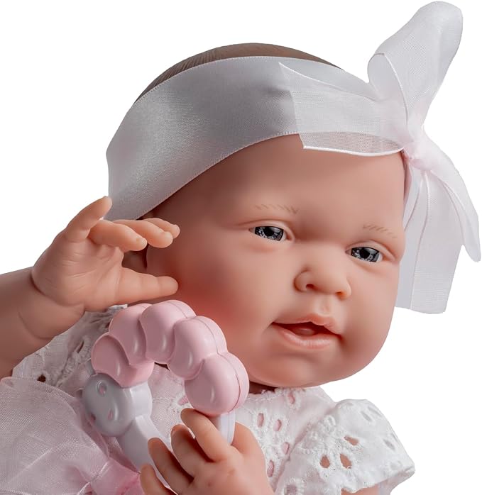 JC Toys La Newborn All-Vinyl-Anatomically Correct Real Girl 15" Doll in White Eyelet Dress with Fluffy Bunny and Accessories Designed by Berenguer