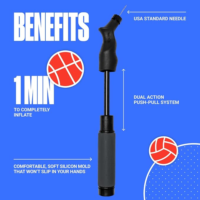 SPORTBIT Ball Pump for Sports Balls - Push & Pull Inflating System - Hand Pump for Exercise Balls - Volleyball Pump, Basketball Inflator, Ball Air Pump - Goes with 5 Needles Set