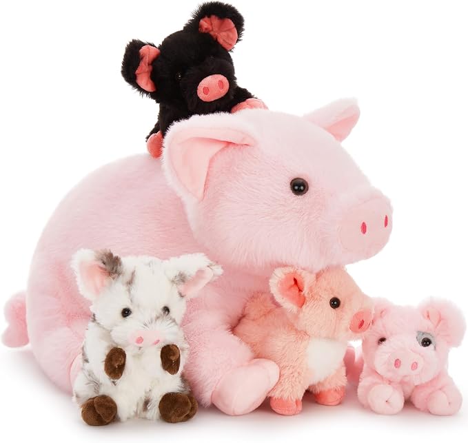 5-Piece Pig Stuffed Animal Set, 16 Inch Mommy Plush with 4 Baby Piggy Toys, Soft Cuddly Kawaii Plushies, Christmas Birthday Gift for Kids Girls Boys, Baby Shower Decor