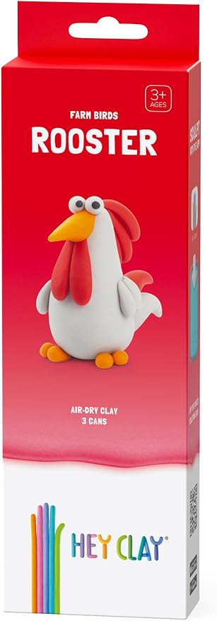 HEY CLAY Modelling Air-Dry Clay with Fun Interactive App - Non-Toxic, Non-Stick Modeling Clay Crafts Set for Kids Ages 3 to 8-3 cans (Farm Birds: Rooster)