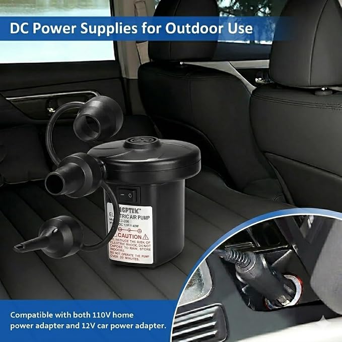 Air Pump Portable Quick-Fill Air Pump with 3 Nozzles,5kPa for Inflatables Mattress Pool Floats Toy Water Raft Bed Boat Pool Toy with 110 US Adaptor and Car-Powered 12v-DC