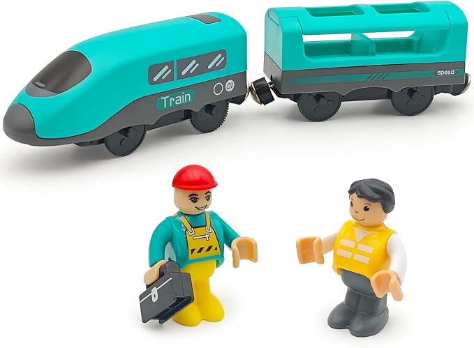 Battery Operated Police Train for Wooden Train Tracks with Figures Kids Magnetic Wooden Trains Set for Toddlers Boys 3-5 4-8 (Without Battery and Tracks) (Green)
