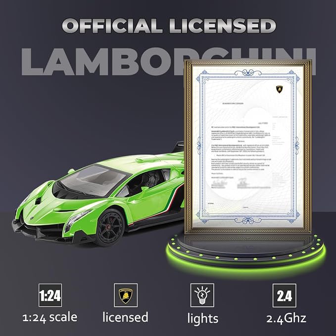 Lamborghini Remote Control Car 1:24 Scale Lambo Toy Car Officially Licensed Rc Cars with Light 2.4Ghz Model Car for Boys 4-7 Girls Birthday Gift, Green