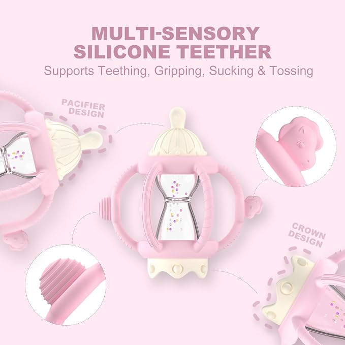 Silicone Teether Rattle Toy for Babies 0-12 Months Teething Relief | Montessori Sensory Teething Toy with Pacifier, Easy Grasp Handle for Infant Boys & Girls, Baby Must Haves