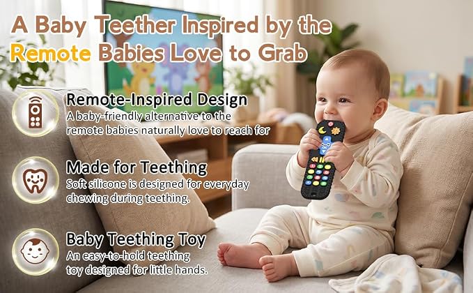 Baby Teething Toys Silicone Baby Remote Teether Over 3 Months - Baby Essentials Sensory Chew Toys - Baby Teether for Teething Relief - BPA Free Infant Toys Baby Shower Gifts (1, Black)