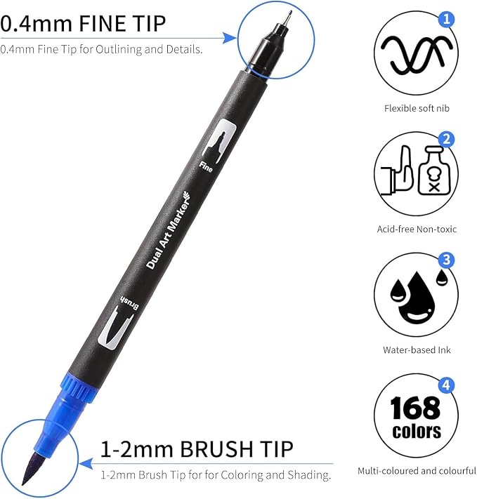 TOSHARE 168 Colors Brush & Fine Dual Tip Watercolor Markers for Adult Coloring Books No Bleeding Paint Pens For Drawing Note Taking Planner Calligraphy Journaling Card Making Back-to-School Supplies