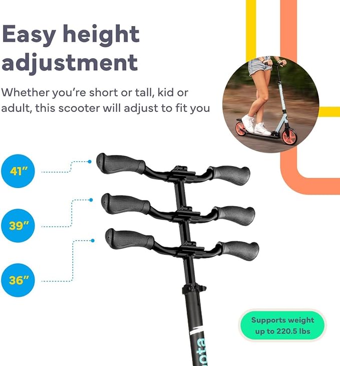 LaScoota Kick Scooter for Kids Ages 6+, Teens & Adults, Large 8" Sturdy Urethane Wheels. Adjustable Handlebar, Lightweight, Foldable, 220lbs Max Load