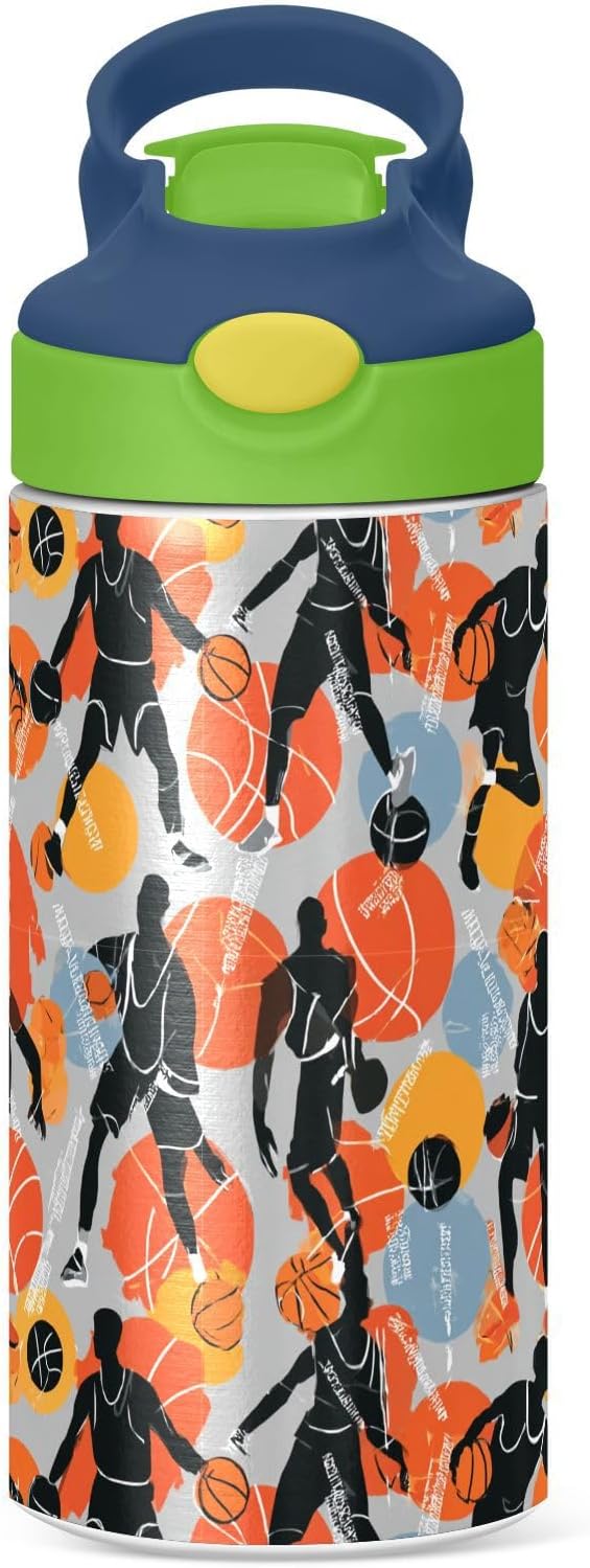 Basketball Game Player Sports Kids Water Bottle with Straw Lid Balck Ball Insulated Stainless Steel Reusable Tumbler for Boys Girls Toddlers 12 oz Green