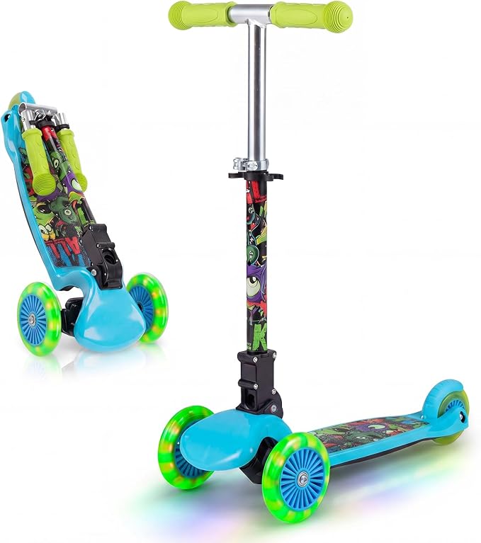 OLAKIDS Kids Kick Scooter with LED Front Wheels, 3-Level Adjustable Handlebars, Lean-to-Steer Design, Rear Foot Brake, Wide Anti Slip Deck, 3-Wheel Scooter for Kids Ages 2-5