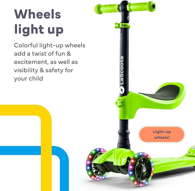 LaScoota 2-in-1 Kids Kick Scooter, Adjustable Height Handlebars and Removable Seat, 3 LED Lighted Wheels and Anti-Slip Deck, for Boys & Girls Aged 3-12 and up to 100 Lbs.