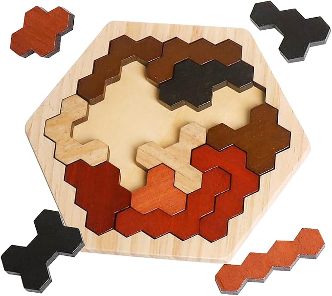 Wooden Hexagon Puzzle for Kids & Adults, Montessori STEM Educational Toy with Colorful Shapes, Logic IQ Brain Teaser Game for Kids, Geometry Tangram Gift