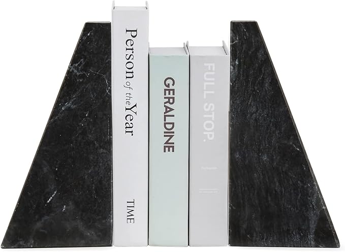 Fox Run 100% Natural Polished Marble Bookends, Black, Set of 2, Triangular Bookends for Heavy Books