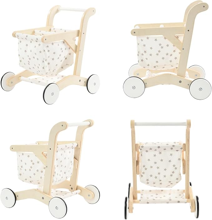 labebe Baby Push Walker Doll Stroller, Push Toy for Toddler, Shopping Cart for Girls and Boys 1 Years Old, Kids Stand Learning Walker, Wooden Play Wagon with Wheel, Larger Size 15.2 * 18.7 * 19.7