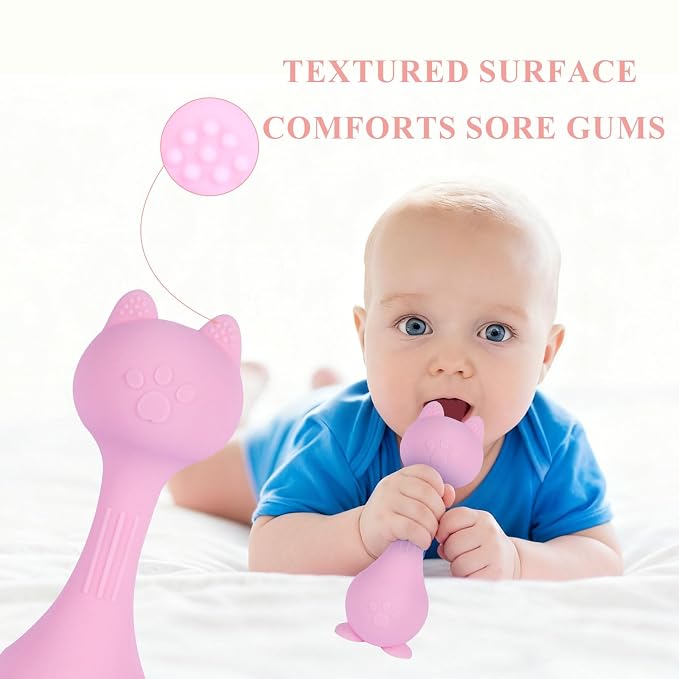 Baby Rattle Teething Toys Cat Silicone Teether Rattles for Baby 0-12 Months Food Grade Silicone (Pink)