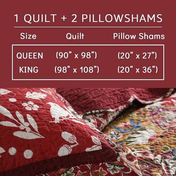 Cotton Bedspread Quilt Bedding Sets 3 Pieces Reversible Coverlet Sets Comforters Gorgeous Paisley Floral Patchwork Red Bedspread, King Size