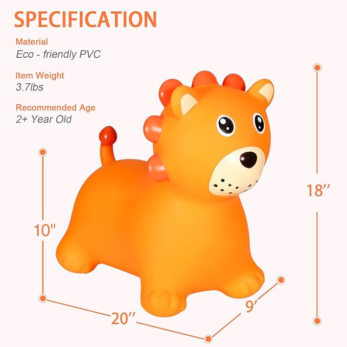 INPANY Bouncy Horse, Lion Hopper Toys, Toddlers Bouncing Animal, Kids Ride on Rubber Bouncer, Inflatable Jumping Horse, Outdoor Indoor Birthday Gifts for 2 3 4 Year Old Girls Boys