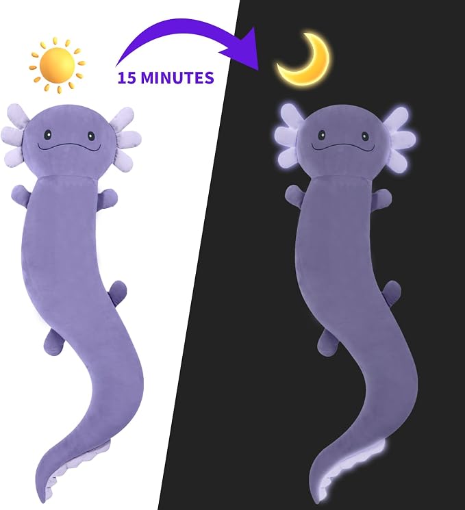 Tianmihou 48 Inch Giant Axolotl Stuffed Animal, Cute Plush Toy Purple Axolotl Body Pillow for Kids, Soft Salamander Glow in The Dark Plushie Gifts for Girls, Boys, Birthday